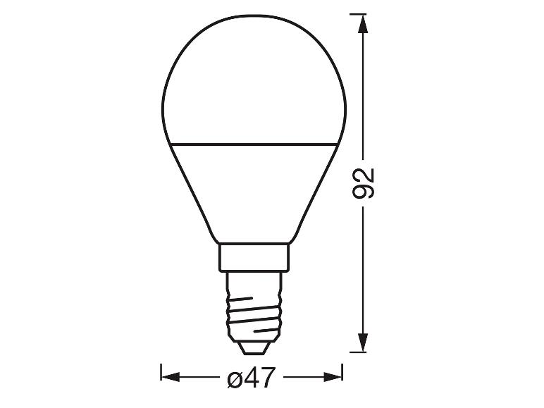 Technische Zeichnung einer Glühbirne mit Maßen: Höhe 92 mm, Durchmesser 47 mm.