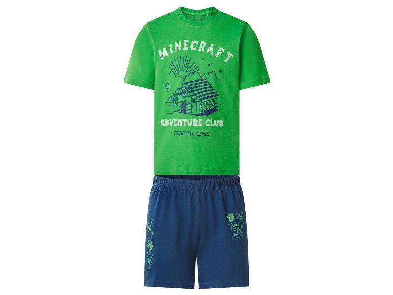 Grünes T-Shirt und dunkelblaue Shorts mit Abenteuer- und Bergbau-Motiven