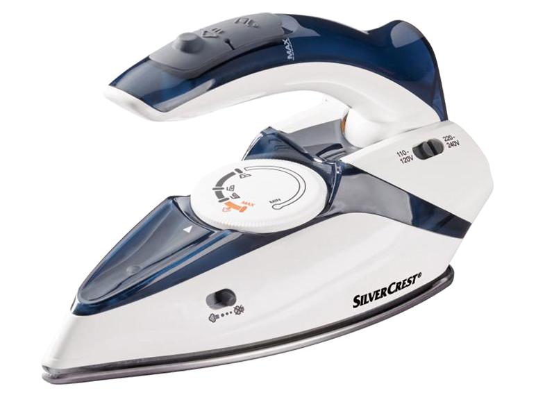 SilverCrest Bügeleisen: kompaktes Modell, blau-weiß.