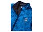 Blaue Fleecejacke mit Bausteinmuster und Reißverschluss.