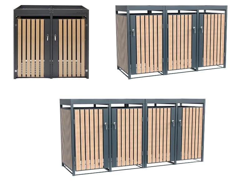 Drei Ansichten einer modularen Outdoor-Aufbewahrungseinheit mit Holzlatten und dunkelgrauen Rahmen.