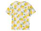 Weißes T-Shirt mit Muster aus gelben Zitronen und grünen Blättern.
