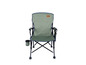 Ein grüner Klappstuhl mit Armlehnen und einem Getränkehalter der Marke Tambu.