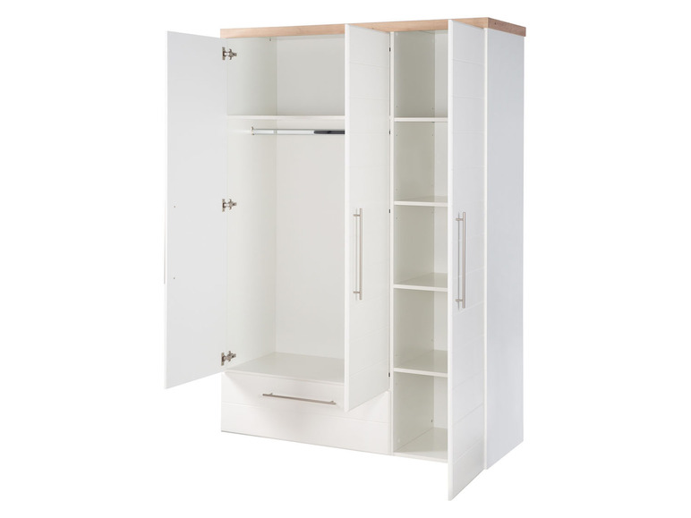 Ein weißer Kleiderschrank mit offenen Türen, Regalen und einer Schublade.