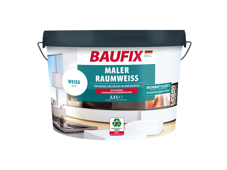 Baufix Maler Raumweiss, 2,5L Eimer, matte weiße Wand- und Deckenfarbe.