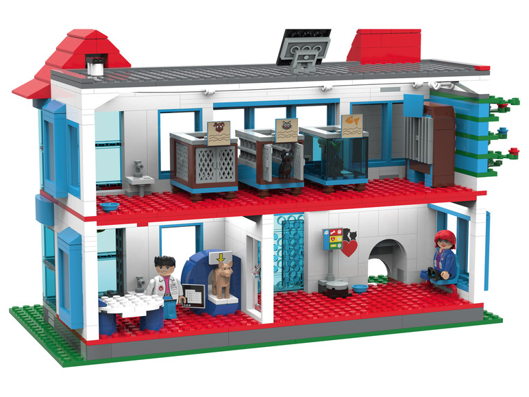 Ein LEGO Zoo mit Käfigen für Tiere, einem Tierarzt und einem Röntgenapparat.