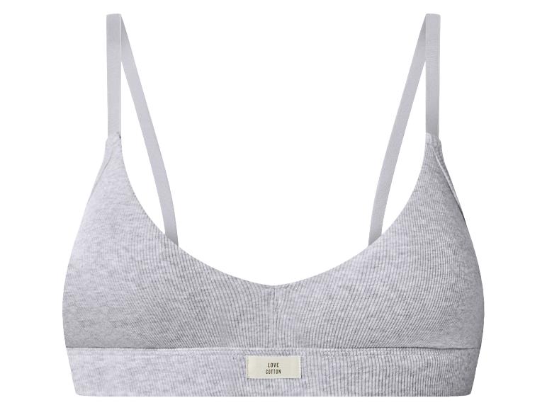 Graues, geripptes Baumwoll-Bralette mit dünnen Trägern und Etikett 