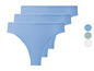 Drei Paar blaue String-Unterwäsche mit Rippen.