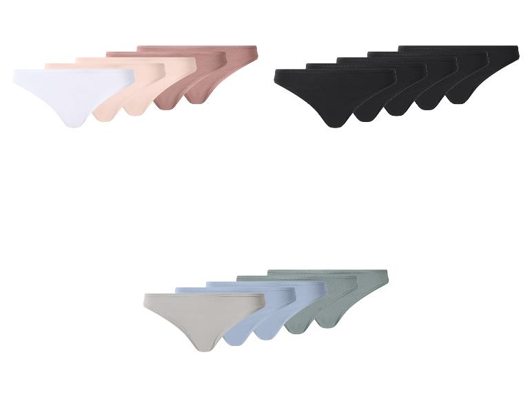 Dreierpack String-Slips in Weiß, Beige, Schwarz und Grau.