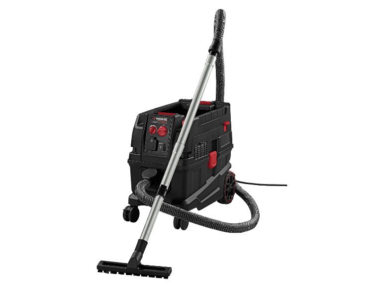 Parkside Nass-Trockensauger, schwarz und rot, mit Schlauch und Düse.