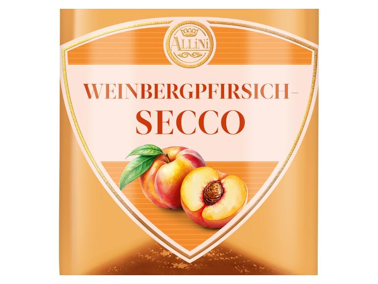 Weinbergpfirsich Secco Getränkeetikett mit Pfirsichillustration.