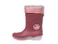 Bordeauxroter Kinder-Regenstiefel mit rosa Rand und Blumenmotiv, mit leuchtender Sohle.