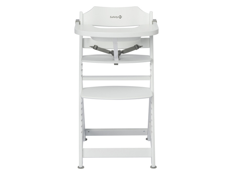 Ein weißer Safety 1st Hochstuhl mit Tablett und Sicherheitsgurten.