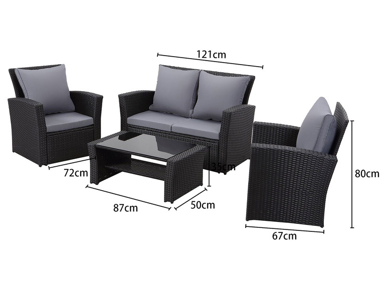 Ein schwarzes Rattan-Loungeset mit grauen Kissen, inklusive einer Doppelsitzbank, zwei Sesseln und einem Couchtisch.