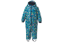Kinder-Regenoverall mit Fuchs- und Baumdruck auf blaugrünem Hintergrund.