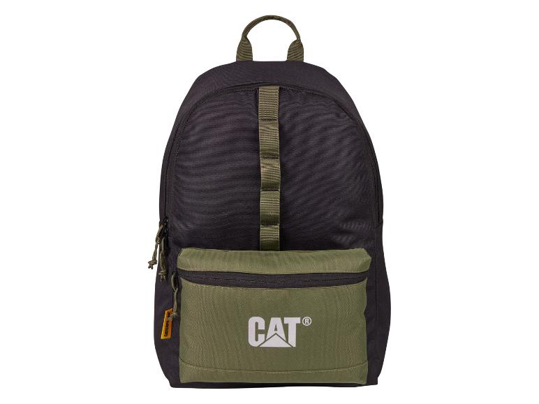 Schwarzer Rucksack mit grüner Vordertasche und weißem Logo