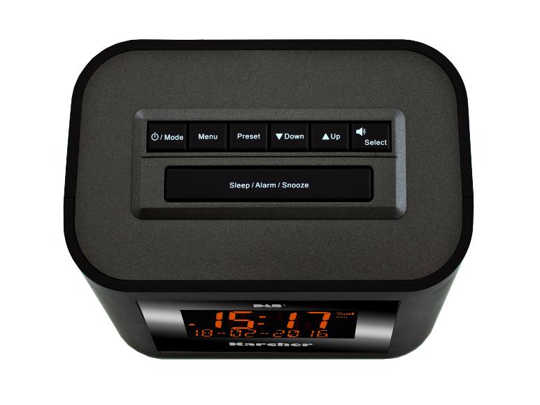 Digitaler Wecker mit DAB+ Radio und Display, das Uhrzeit und Datum anzeigt.
