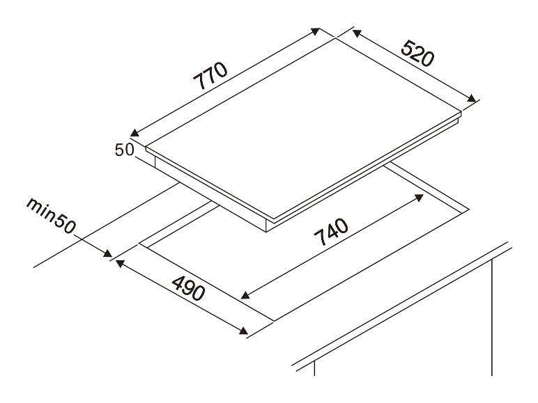 Technische Zeichnung eines Kochfeldes mit Maßen: 770x520mm Oberfläche, 740x490mm Ausschnitt, min 50mm Tiefe.