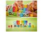 LEGO Duplo Spielzeug mit einem blauen LKW, Buchstaben und Figuren.