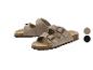 Wildleder-Sandalen mit verstellbaren Schnallen und Korksohle, erhältlich in Beige und Schwarz.