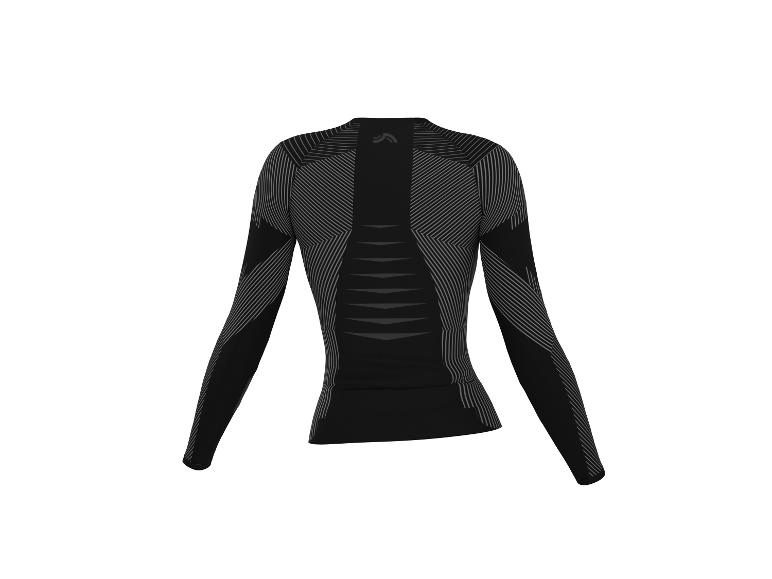 Schwarzes Langarmshirt mit grauen Streifen und geometrischen Mustern.