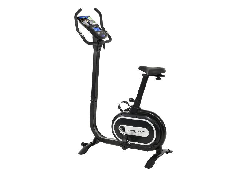 Schwarzes Christopeit-Heimtrainer mit Display und Tablet-Halterung.