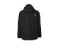 Schwarze Kapuzen-Outdoorjacke mit kleinem weißem Logo auf dem Rücken.