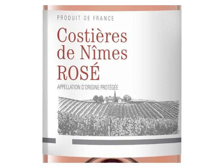Roséwein Costières de Nîmes mit einer Illustration eines Weinbergs und eines Gebäudes auf dem Etikett.