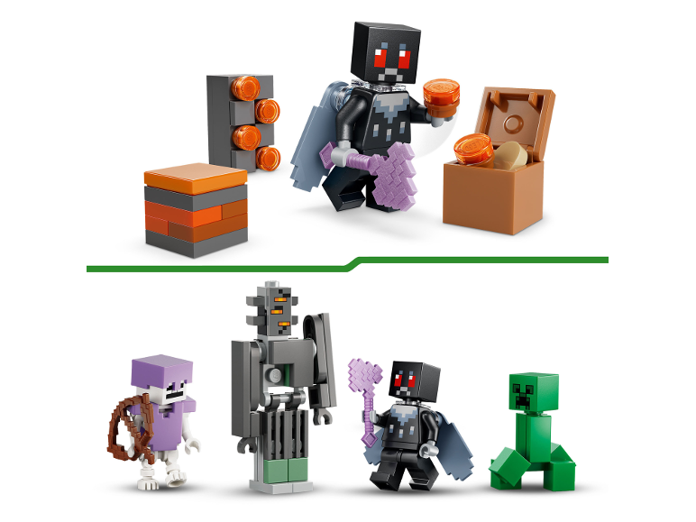Blockartige Videospiel-Charaktere und Zubehör, darunter ein Golem und ein Creeper.