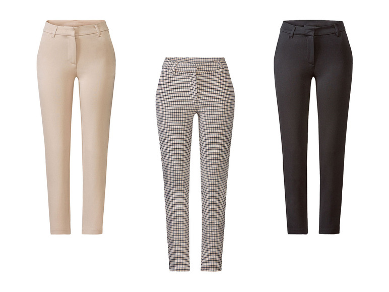 Beige, schwarze und karierte Damenhosen.