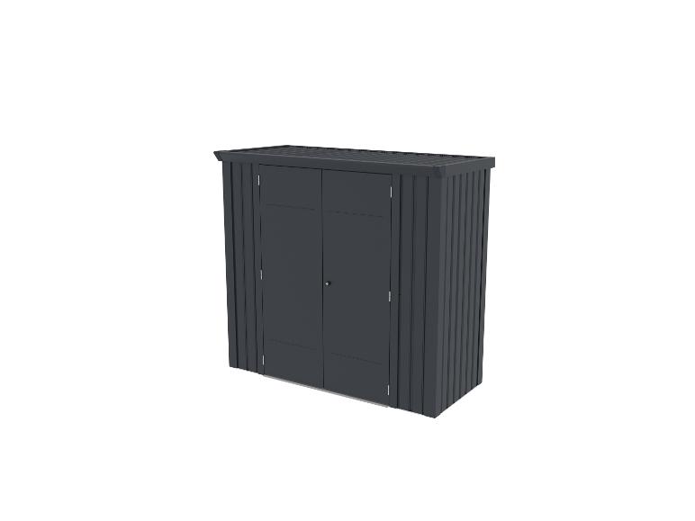 Dunkelgrauer Gartenschrank mit Doppeltüren und geriffelter Oberfläche.