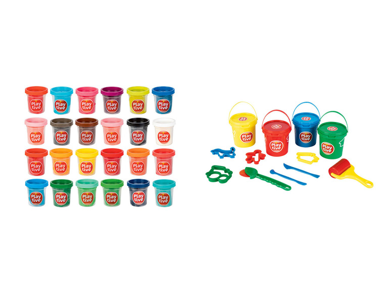 Play-Doh Knete in Bechern und Eimern mit Zubehör.