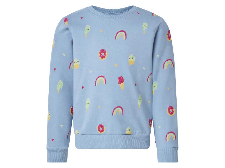Blaues Sweatshirt mit Eis-, Donut-, Cupcake-, Herz- und Regenbogenmustern.