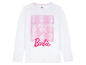 Weißes Langarm-T-Shirt mit rosafarbenem Barbie-Logo und einem Aufdruck von Barbie-Puppen.