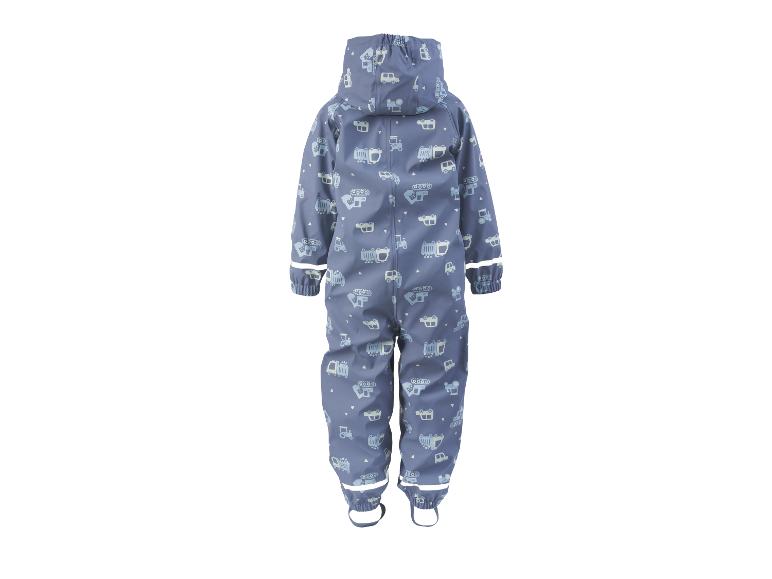 Blauer Kinder-Regenoverall mit Kapuze und Fahrzeugmuster.