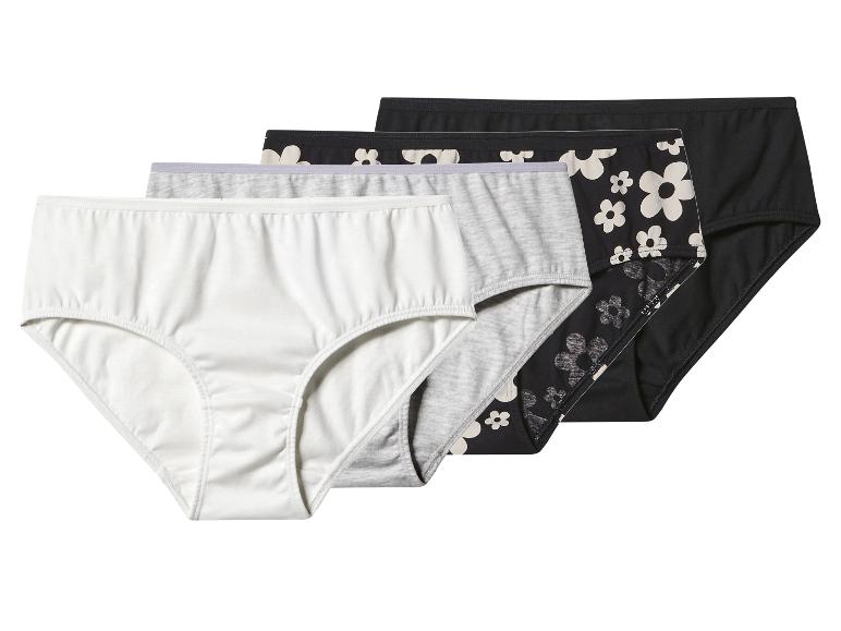 Set aus vier Damenunterhosen: weiß, grau, schwarz mit Blumen und einfarbig schwarz.