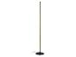 Schwarze Stehlampe mit schlankem, vertikalem goldenem Lichtmast und rundem Sockel.