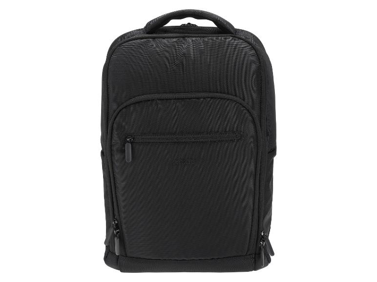 Schwarzer Rucksack mit Griffen und Reißverschlüssen, in schlichtem und funktionalem Design.