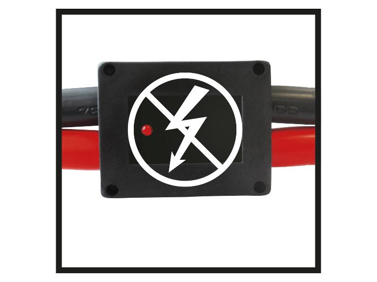 Schwarze Box mit roter Kontrollleuchte und Hochspannungsverbotszeichen, mit roten und schwarzen Kabeln.