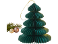 Grüner Papier-Weihnachtsbaum mit dekorativen Kugeln und einem Tannenzweig.