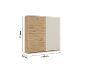 Schiebetürenschrank in heller Holzoptik und Beige, Maße 210x218x59 cm.