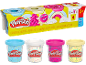 Modelliermasse-Packung mit vier farbigen Dosen und Konfetti-Kreationen.