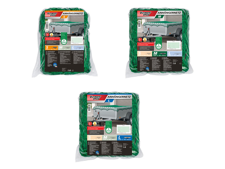 Drei Ultimate Speed Anhängernetze in den Größen S, M und L
