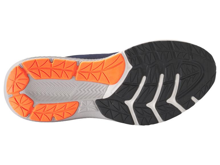 Sportschuhsohle: Unterseite, Farben schwarz, orange und grau.