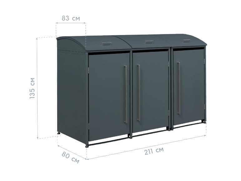 Drei dunkelgraue Mülltonnenboxen mit Maßen: 135 cm hoch, 211 cm breit, 80 cm tief.