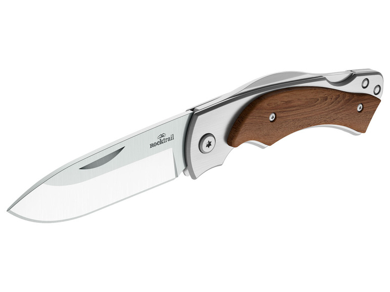 Ein Taschenmesser mit Holzgriff der Marke Rocktrail.