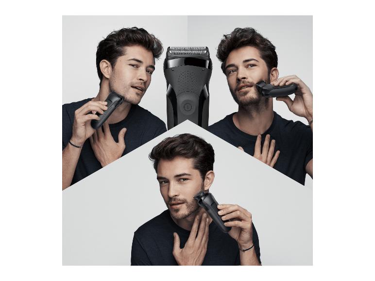 Mann rasiert sich in drei verschiedenen Posen, Rasierer in der Mitte.