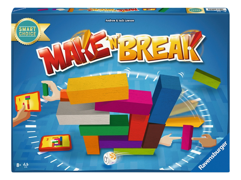 Die Schachtel des Ravensburger Spiels 'Make 'n Break' mit bunten Holzklötzen.