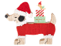 Hölzerne Weihnachtsdekoration eines Hundes mit Weihnachtsmütze und Geschenken.