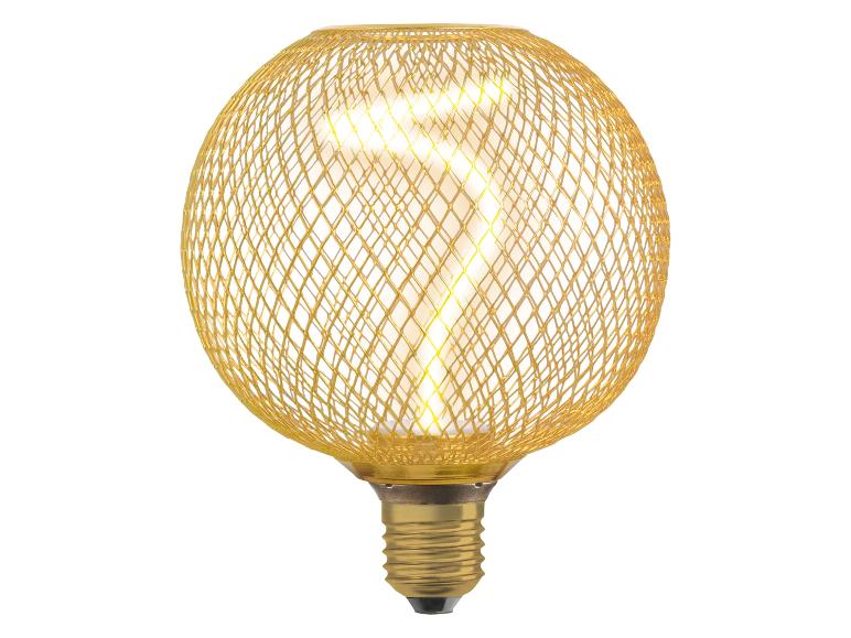 Goldene Glühbirne mit Drahtgeflechtmuster.